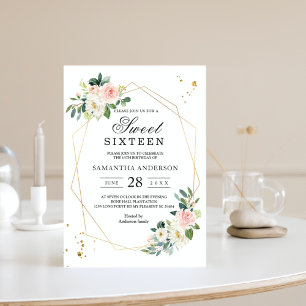 Invitación Flores Elegantes de Acuarela Rosa y Blanco Gotitas