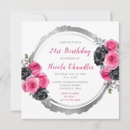 Invitación Flores elegantes de color rosa caliente y plateado