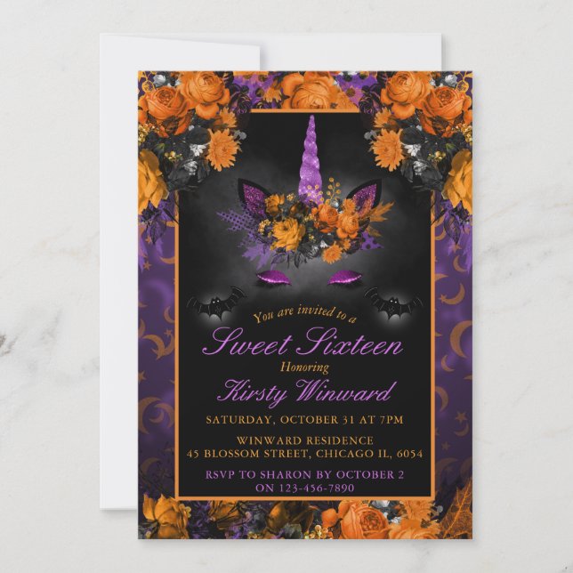 Invitación Flores elegantes de Halloween Unicornio Cumpleaños (Anverso)