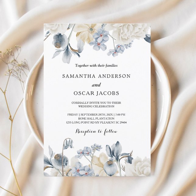 Invitación Flores Elegantes De Invierno Azul Y Blanco (Subido por el creador)