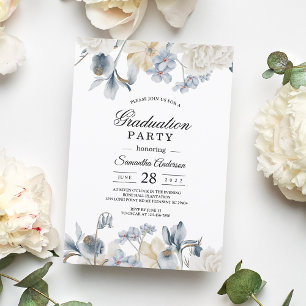 Invitación Flores Elegantes De Invierno Azul Y Blanco