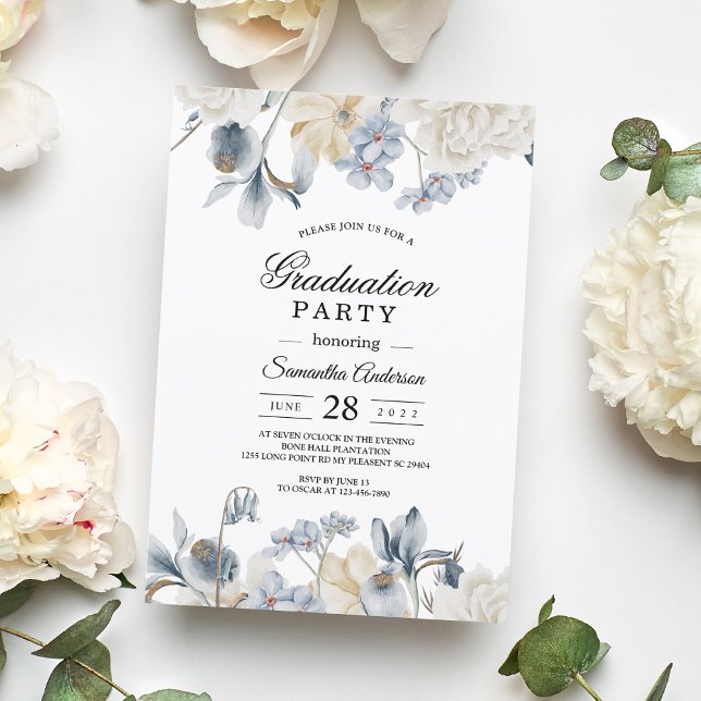 Invitación Flores Elegantes De Invierno Azul Y Blanco (Subido por el creador)