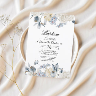 Invitación Flores Elegantes De Invierno Azul Y Blanco