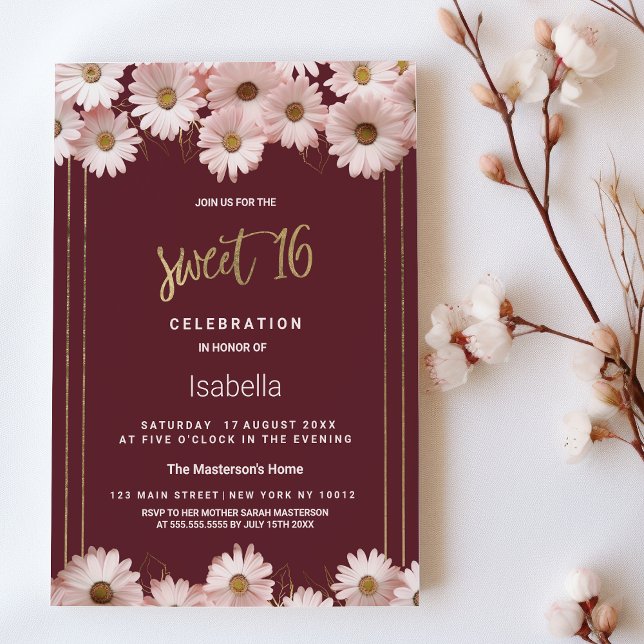 Invitación Flores elegantes de margarita dorada y rosa burdeo (Elegant burgundy pink gold daisy flowers Sweet 16)