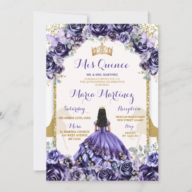Invitación Flores elegantes de mis quinceañeras moradas y mar (Anverso)