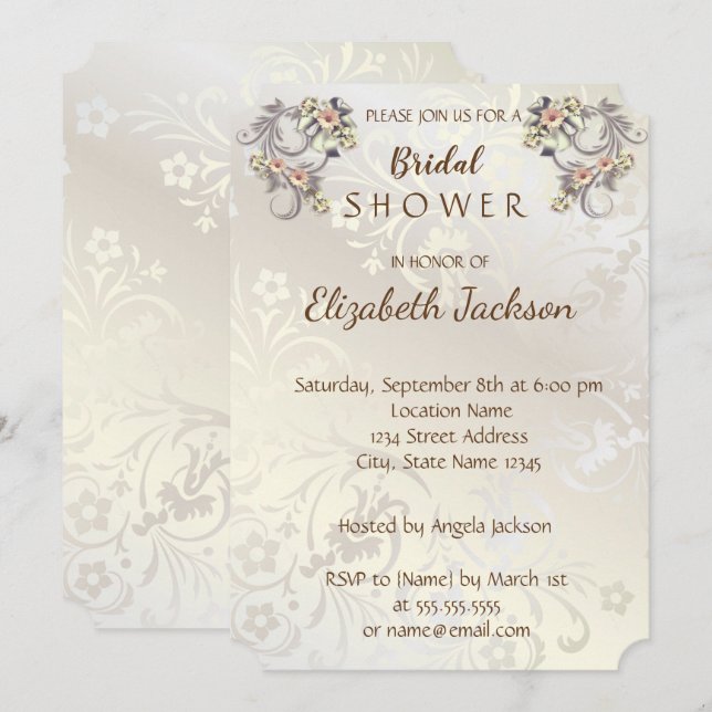 Invitación Flores Elegantes de Moda Damask  Desayuno Nupcial (Anverso / Reverso)