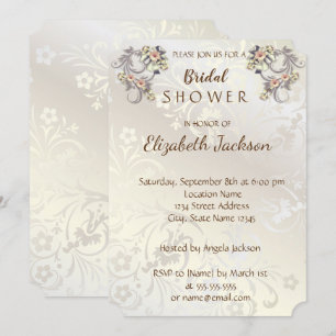 Invitación Flores Elegantes de Moda Damask Desayuno Nupcial