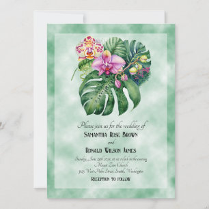 Invitación Flores elegantes de orquídeas sobre fondo verde