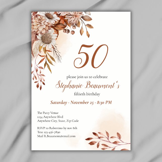 Invitación Flores elegantes de otoño Crema Cumpleaños 50 (Subido por el creador)