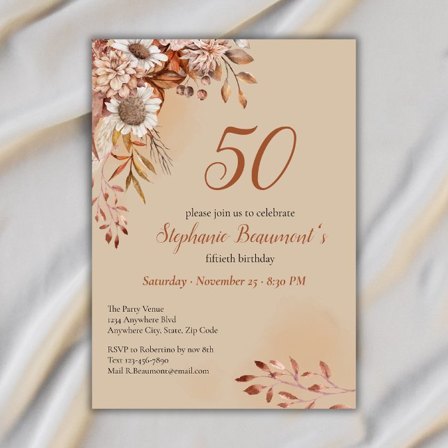 Invitación Flores elegantes de otoño Cumpleaños 50 marrón (Subido por el creador)