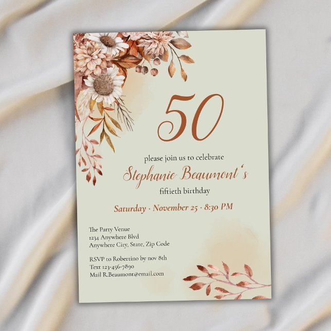 Invitación Flores elegantes de otoño verdes Cumpleaños 50 (Subido por el creador)