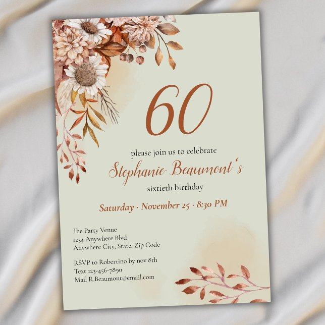 Invitación Flores Elegantes de Otoño Verdes Cumpleaños 60 (Subido por el creador)