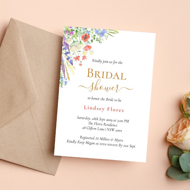 Invitación Flores Elegantes de Pradera Veraniega Dorada para  (Elegant summer meadow florals gold invitation creates a fresh, romantic bridal shower vibe)