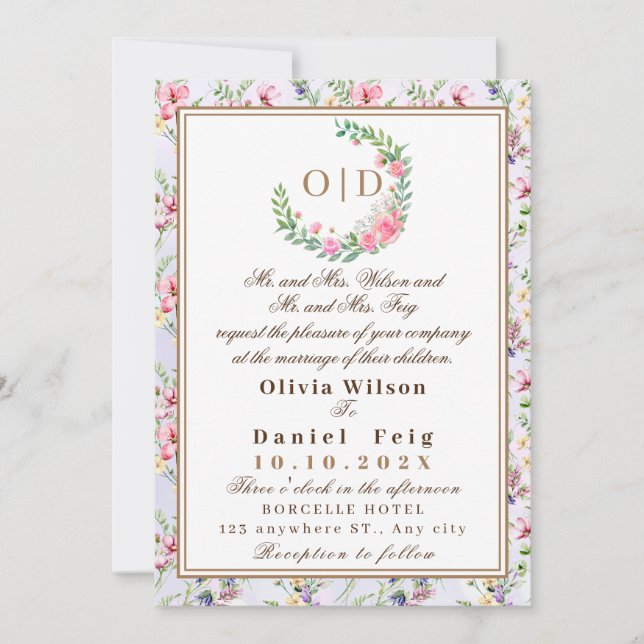 Invitación Flores Elegantes de Rosa Beige Acuarela Boda (Anverso)