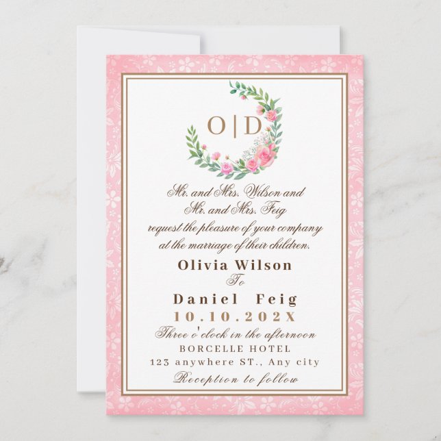 Invitación Flores Elegantes de Rosa Beige Acuarela Boda (Anverso)