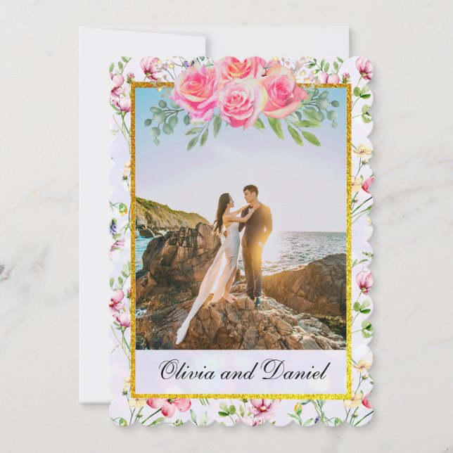 Invitación Flores Elegantes de Rosa Claro Acuarela Boda (Anverso)