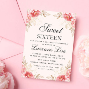 Invitación Flores elegantes Dulce de oro de cumpleaños 16