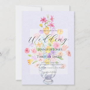 Invitación flores elegantes en olla azul púrpura