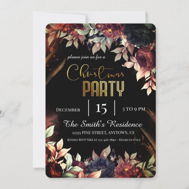 Invitación Flores elegantes festivas, Reinder Navidades mágic (Anverso)