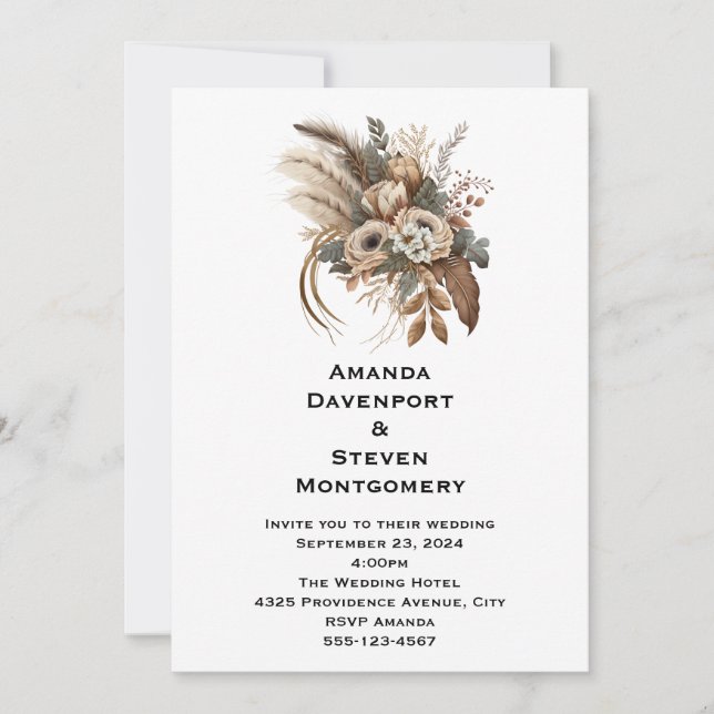 Invitación Flores Elegantes Follaje y Plumas Boda (Anverso)