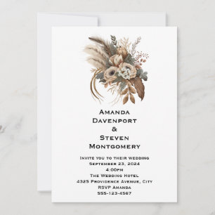 Invitación Flores Elegantes Follaje y Plumas Boda