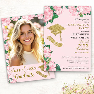 Invitación Flores elegantes Graduación Rubor rosa y dorada