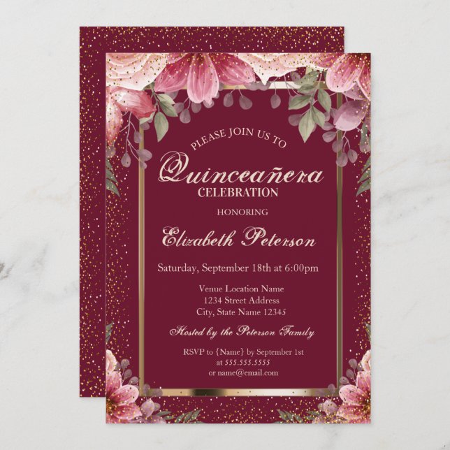 Invitación Flores Elegantes Marco Confetti Quinceañera (Anverso / Reverso)