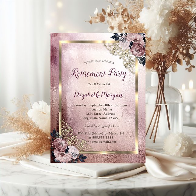 Invitación Flores Elegantes Marco Dorado Jubilación (Subido por el creador)