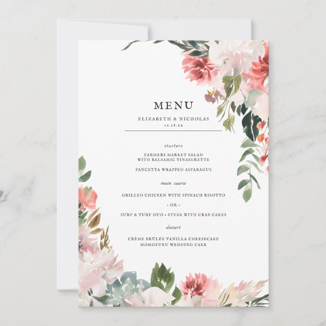 Invitación Flores elegantes | Menú Boda floral de primavera (Anverso)