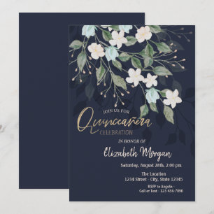 Invitación Flores Elegantes Quinceañera Azul Marino