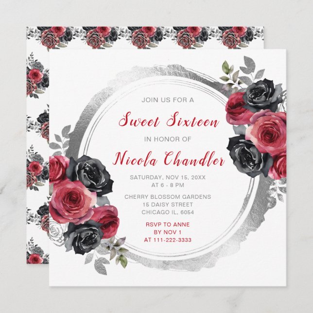 Invitación Flores elegantes rojas y plateadas dulces Dieciséi (Anverso / Reverso)