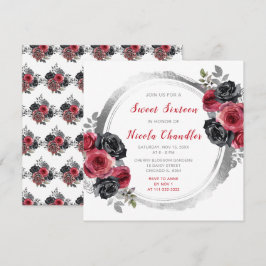Invitación Flores elegantes rojas y plateadas dulces Dieciséi
