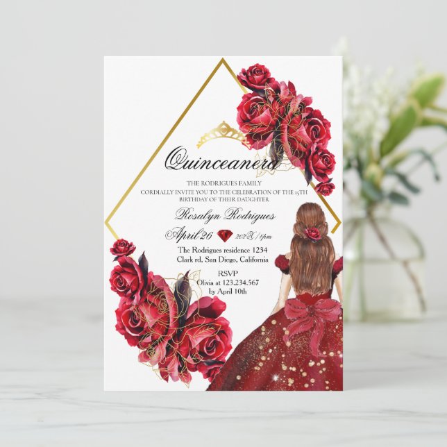 Invitación Flores elegantes Rosa de oro Quinveanera (Anverso de pie)