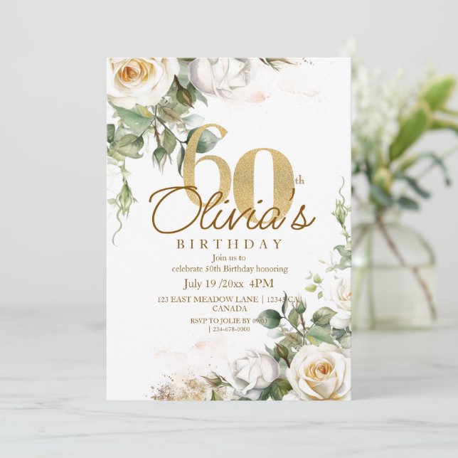Invitación Flores elegantes Subió oro 60 cumpleaños (Anverso de pie)