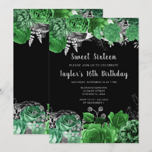Invitación Flores elegantes verdes y plateadas Sweet Sixteen