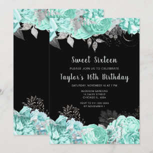 Invitación Flores elegantes verdes y plateadas Sweet Sixteen