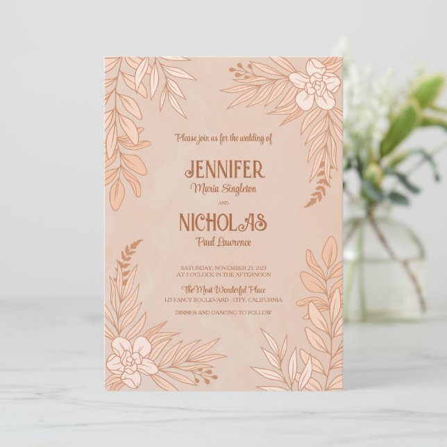 Invitación Flores elegantes y adornos de hojas para Boda (Anverso de pie)