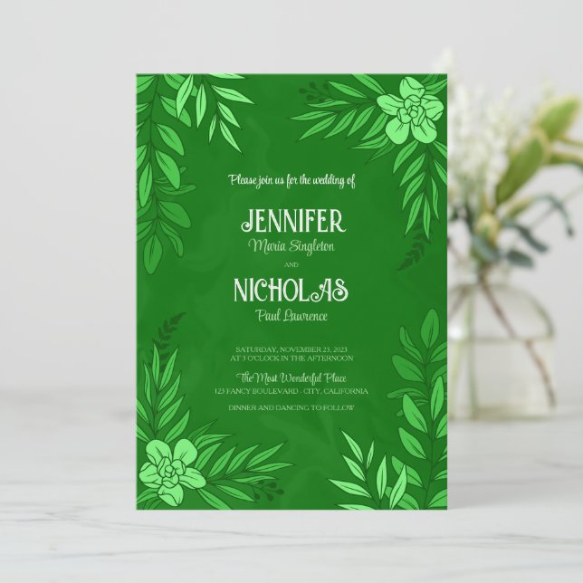 Invitación Flores elegantes y adornos de hojas para Boda (Anverso de pie)