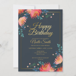 Invitación Flores elegantes y extravagantes, azul oscuro, ace