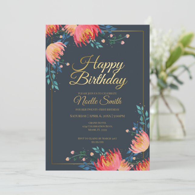 Invitación Flores elegantes y extravagantes, azul oscuro, ace (Anverso de pie)