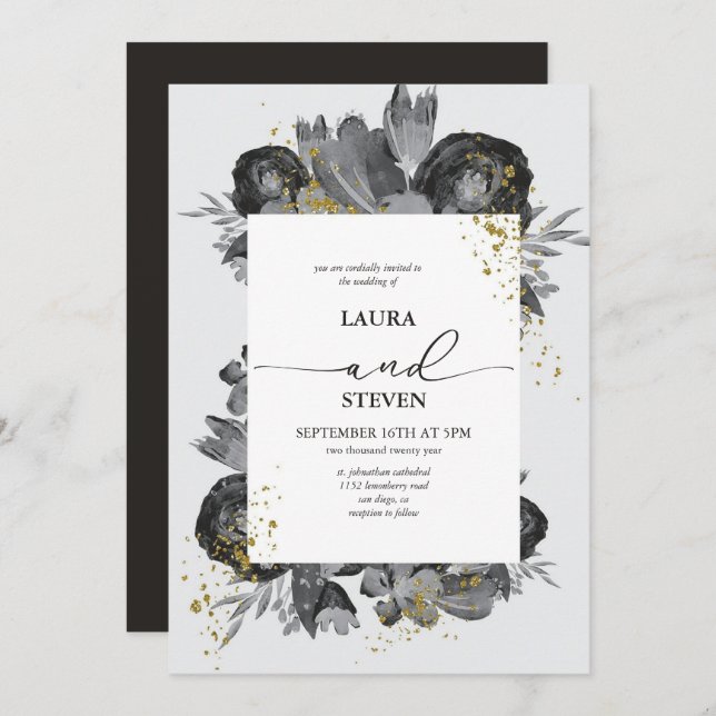 Invitación Flores elegantes y opulentas y Boda de los lagos d (Anverso / Reverso)