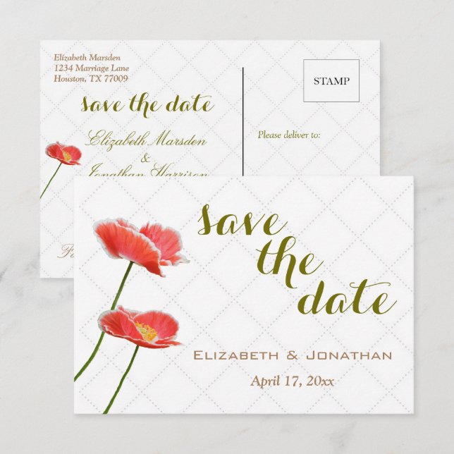 Invitación Flores Elegantes y Simples de Amapolas para Salvar (Anverso / Reverso)