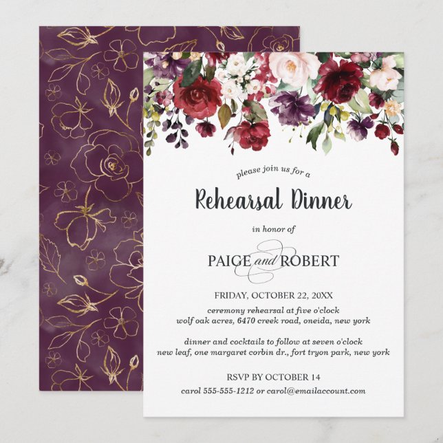 Invitación Flores en Borgoña, ciruela, cena de ensayo rosada (Anverso / Reverso)