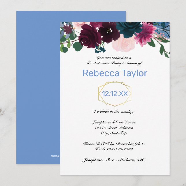 Invitación Flores en Flor Azul - Despedida de Soltera (Anverso / Reverso)