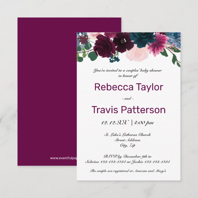 Invitación Flores en Flor Plum - 3x5 Ducha de Bebé para Parej (Anverso / Reverso)