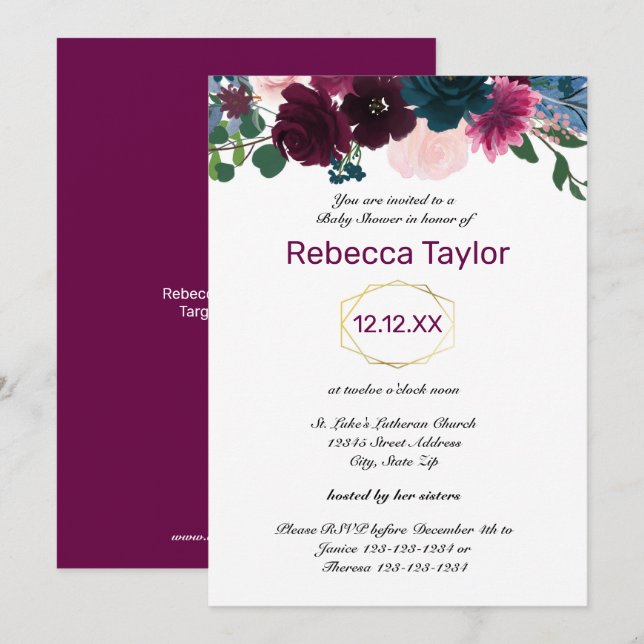 Invitación Flores en Flor Plum Vertical - Baby Shower (Anverso / Reverso)