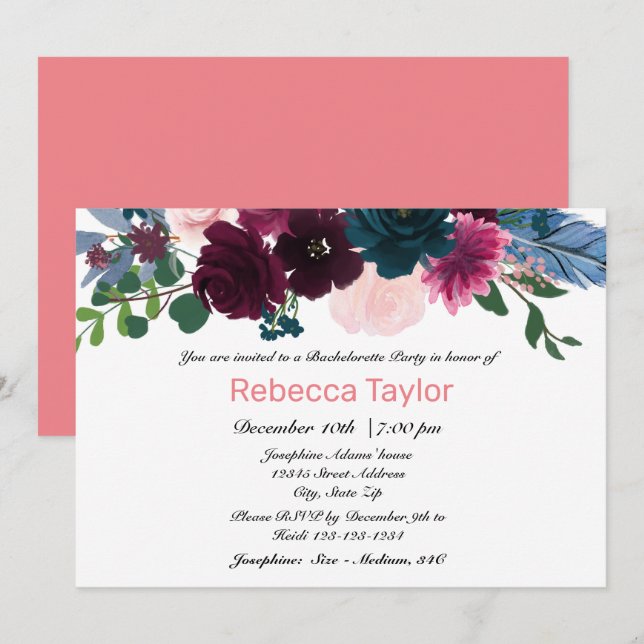 Invitación Flores en Flor Rosa - Despedida de Soltera (Anverso / Reverso)