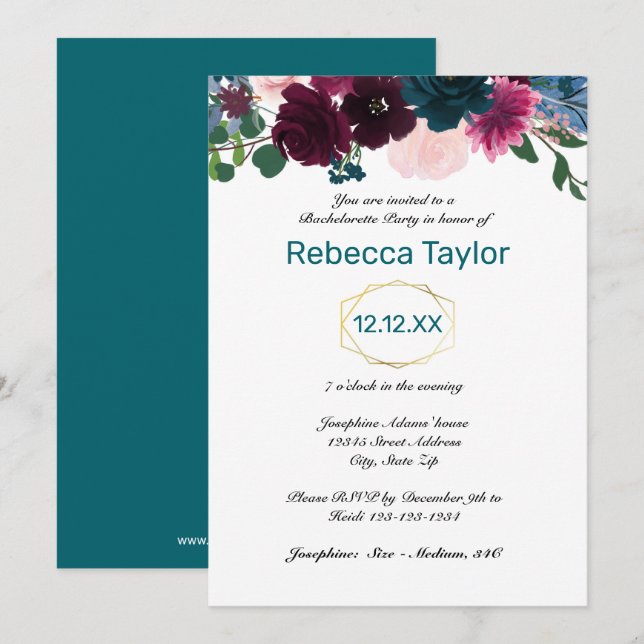 Invitación Flores en Flor Teal - Despedida de Soltera (Anverso / Reverso)