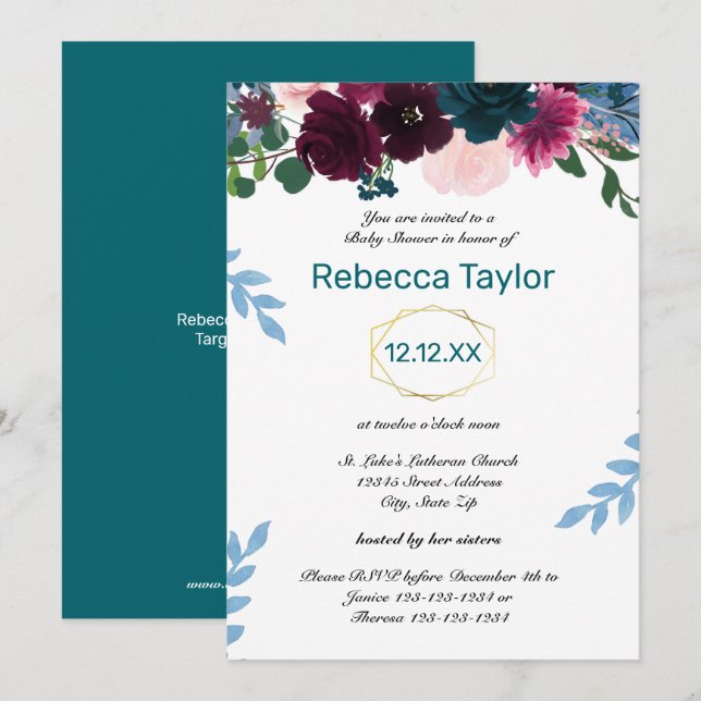Invitación Flores en Flor Teal Vertical - Baby Shower (Anverso / Reverso)