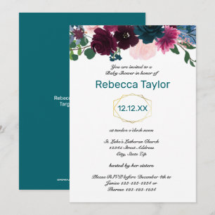 Invitación Flores en Flor Teal Vertical - Baby Shower